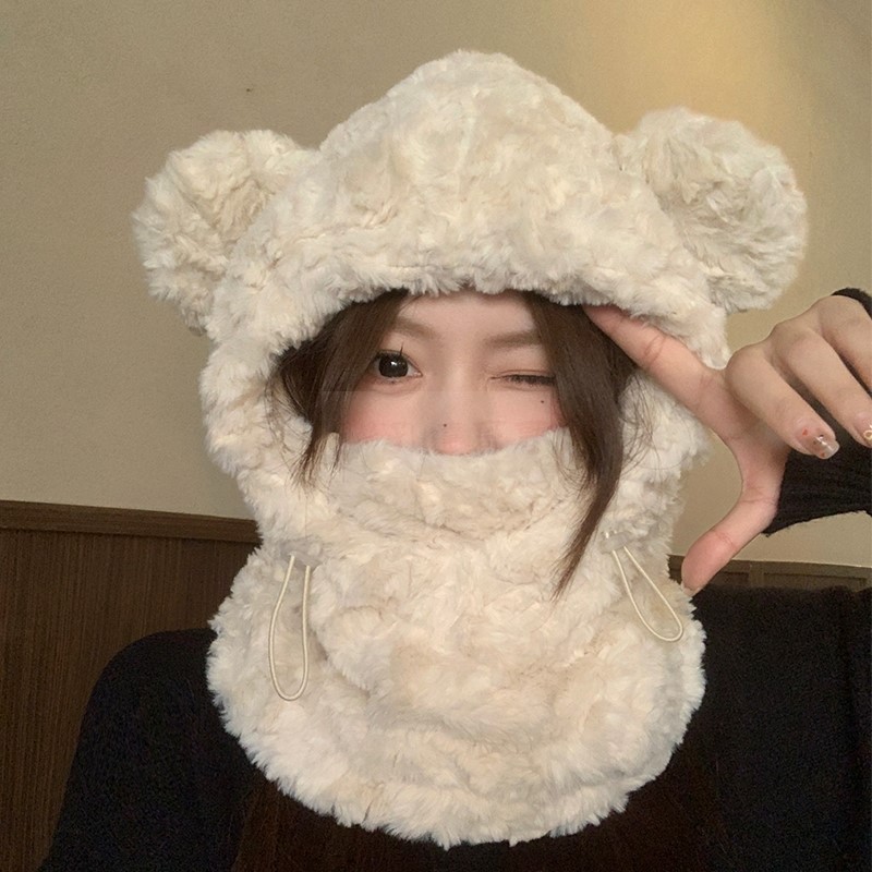 小熊耳朵帽子围脖口罩一体帽女秋冬季加厚毛绒骑车防风保暖护耳帽