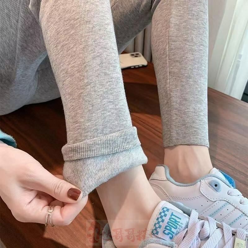 灰色竖条纹螺纹打底裤秋冬季外穿秋裤女2025新款紧身加厚保暖棉裤