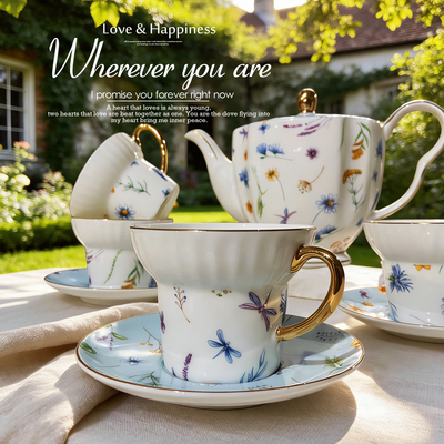 艾芙琳仙蝶骨瓷咖啡杯套装高档陶瓷英式下午茶杯茶壶精致家用水杯