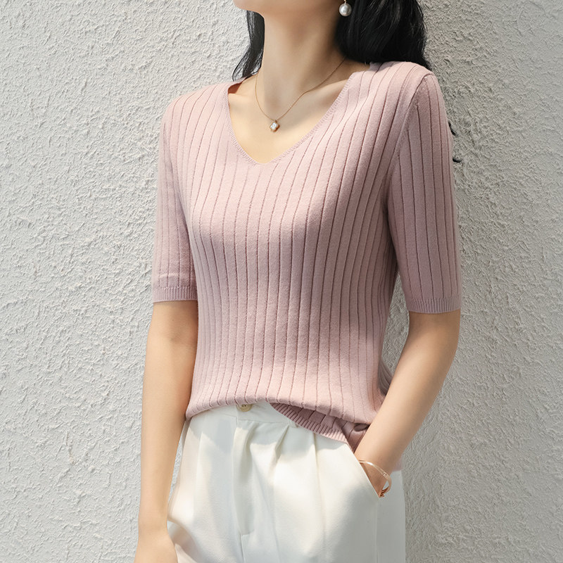 简约V领针织紫色短袖T恤女2024夏季新款修身百搭时尚中袖薄款上衣