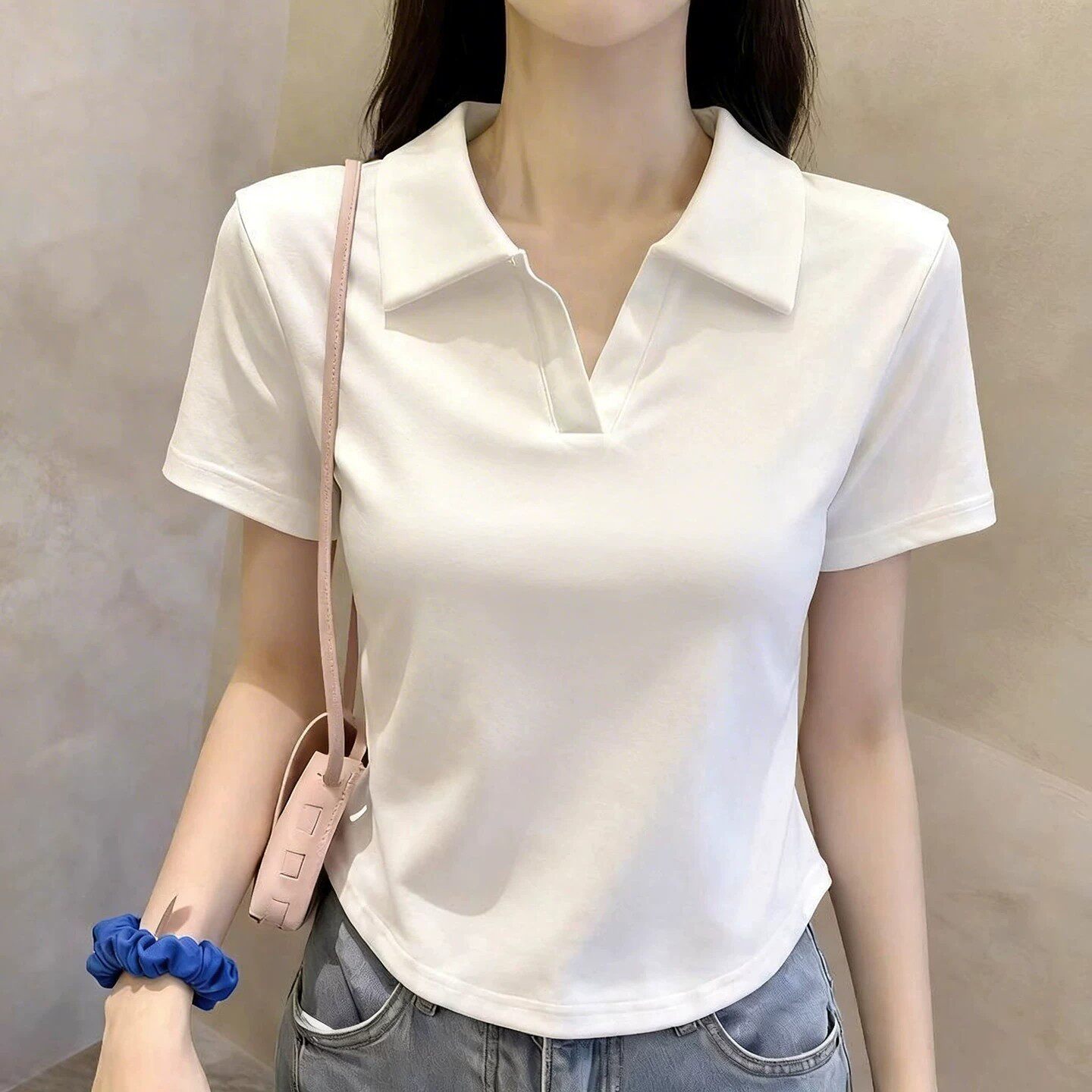 欧货白色polo领短袖T恤女2026新款夏季修身减龄显瘦短款T恤上衣