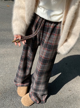设计感抽绳格子阔腿裤女2024秋冬新款毛呢加绒加厚显瘦覆古直筒裤