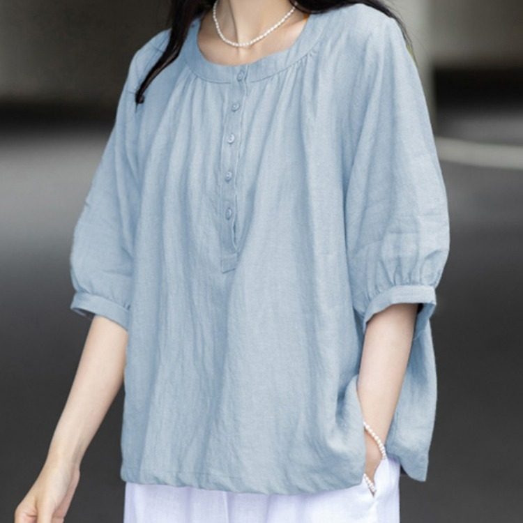 棉麻上衣女士高端亚麻年轻款轻奢高级感夏季新款宽松苎麻短袖衬衫