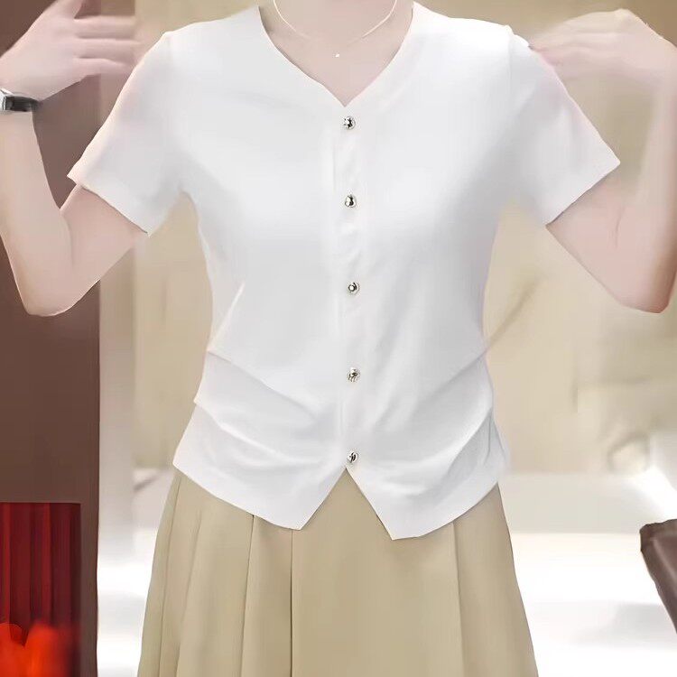 欧货高端白色V领极简风短袖开衫女2026夏季新款纯色简约休闲上衣
