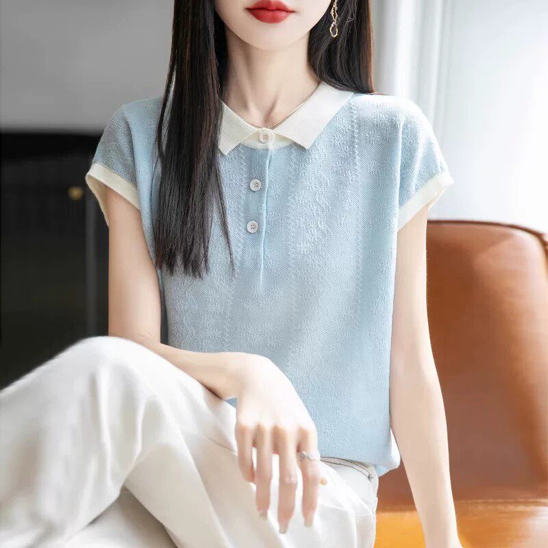 撞色polo领小飞袖T恤女冰丝针织2026夏薄透气宽松显瘦上衣t恤小衫