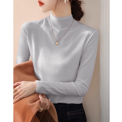 法式高级感灰色长袖打底衫女2025春秋新款内搭半高领修身针织上衣