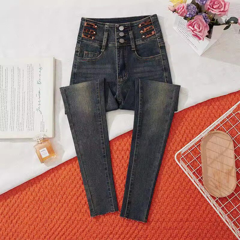 设计感时尚加绒铅笔裤女2024秋冬新款高腰显瘦百搭弹力修身小脚裤