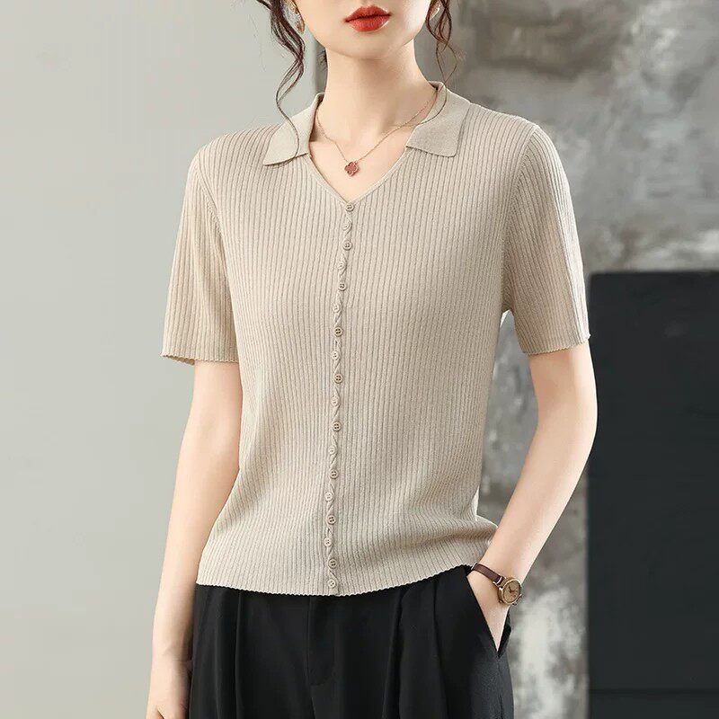 气质翻领冰丝短袖t恤女2026夏季新款洋气休闲减龄短款针织上衣潮