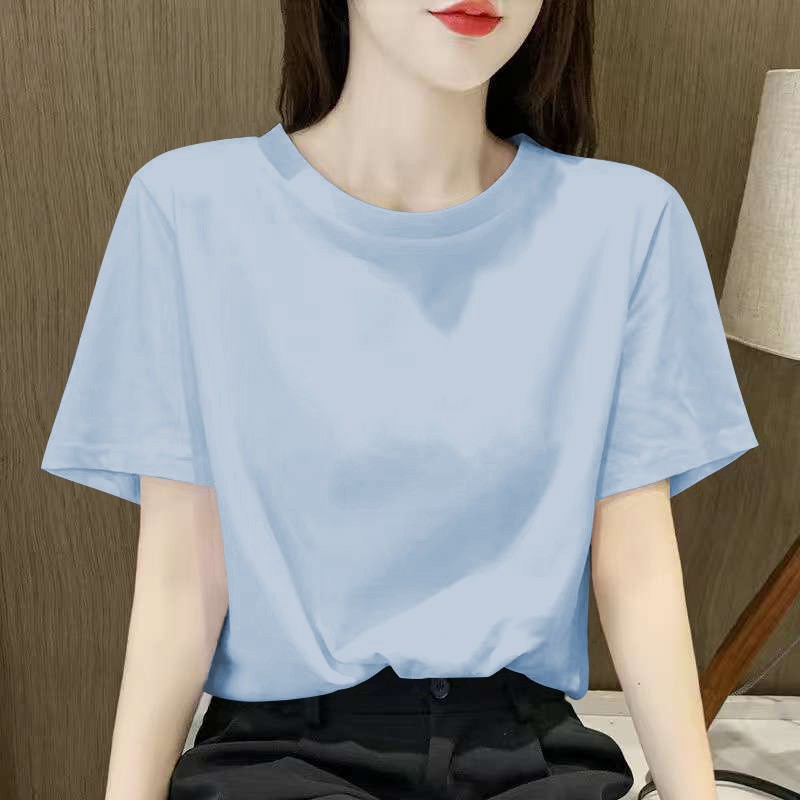 浅蓝色正肩短袖T恤女2024夏季新款宽松显瘦时尚百搭纯色体恤上衣