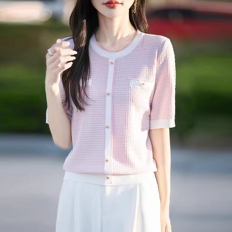 冰丝针织短袖T恤女2026夏季新款圆领撞色宽松外穿正肩半袖上衣潮