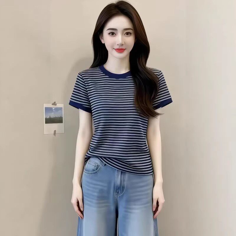 纯棉正肩条纹短袖T恤女2026夏季新款大码微胖mm显瘦减龄体恤上衣