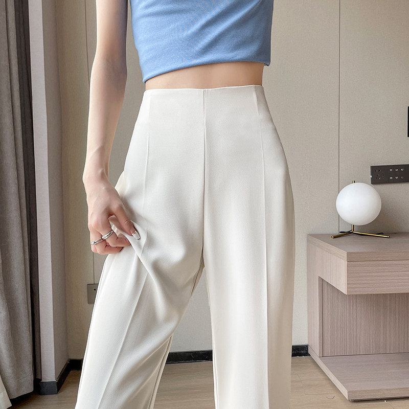 简约窄版冰丝微喇叭裤女2024夏季新款高腰收腹显瘦垂感西装拖地裤