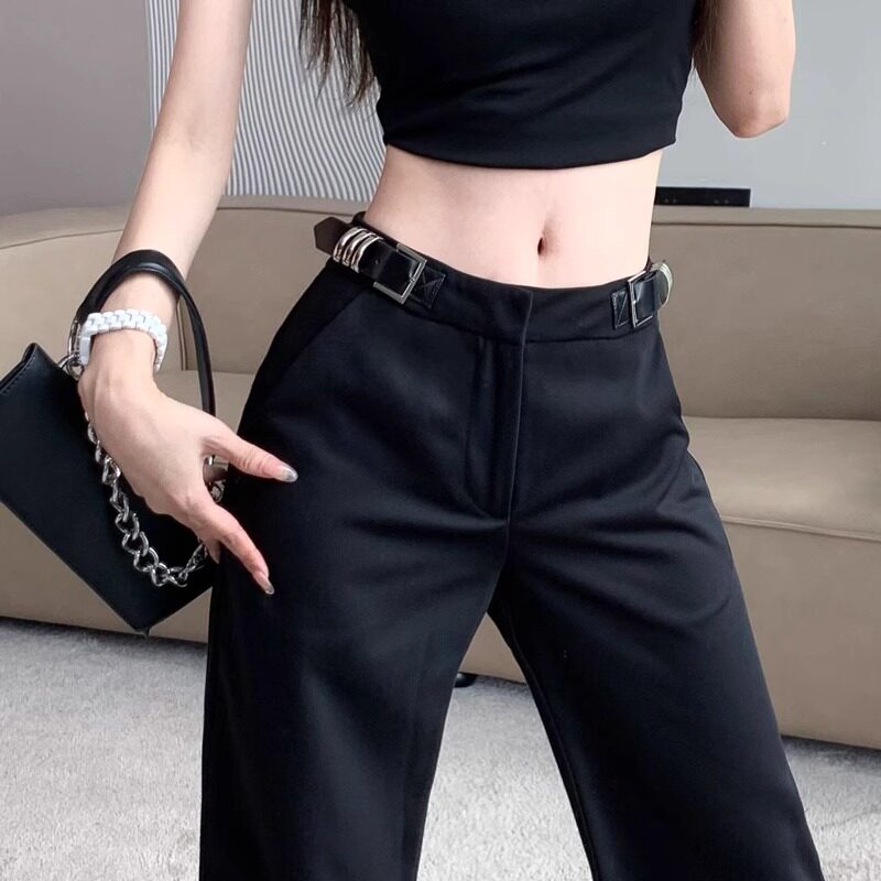 宽松直筒黑色西装裤女2024夏季新款设计感高腰垂感休闲阔腿拖地裤