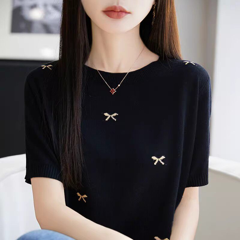 高端冰丝短袖t恤女2026夏季新款刺绣修身洋派圆领半袖毛衣针织衫