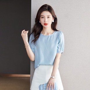 百搭宽松遮肚子显瘦休闲t恤上衣潮 洋气短袖 雪纺衫 女2024夏季 新款