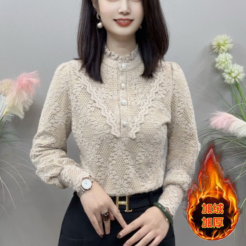 加绒蕾丝打底衫女长袖冬季洋气蕾丝小衫大码立领加厚保暖内搭上衣