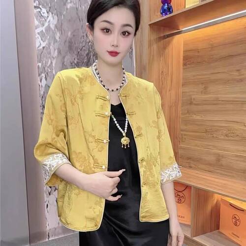 绿色新中式薄外套女年轻款醋酸缎面盘扣开衫上衣外搭高级感防晒衣