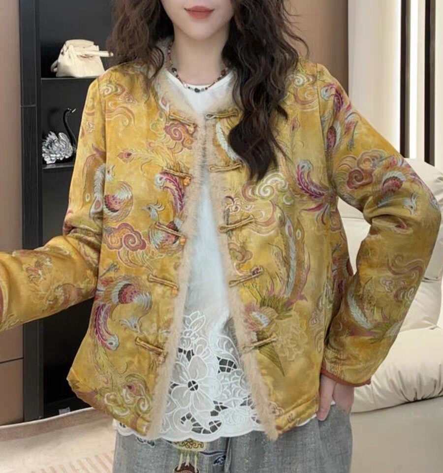 新中式圆领提花复古盘扣棉服开衫短外套