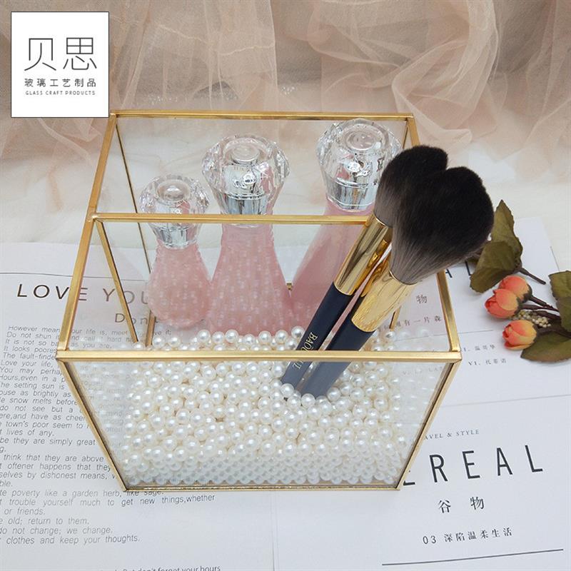玻璃工艺品 化妆刷桌面方形两格笔筒收纳桶 玻璃铜条面膜收纳盒子