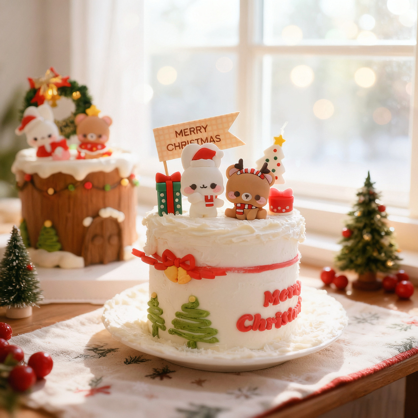 圣诞节蛋糕装饰小熊小兔玩偶摆件