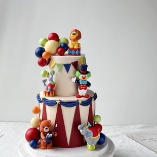卡通小丑杂技狮子大象海狮小熊玩偶摆件马戏团生日蛋糕装饰插牌