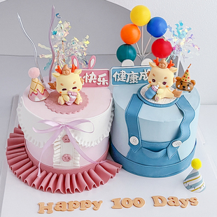 龙年满月百天生日插牌卡通龙宝宝蛋糕装 饰可爱粉蓝小龙玩偶摆件