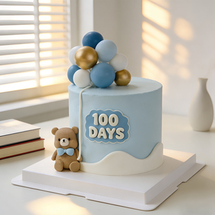 粉色裙子蓝色领结小熊玩偶摆件卡通周岁百天宝宝生日蛋糕装饰插牌