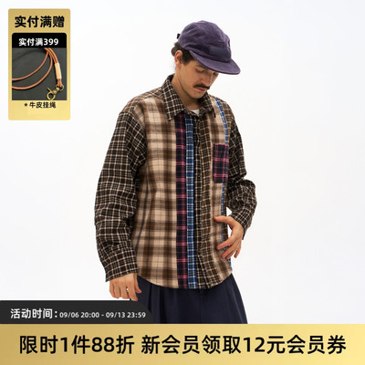 TIRES拼接长袖格子衬衫