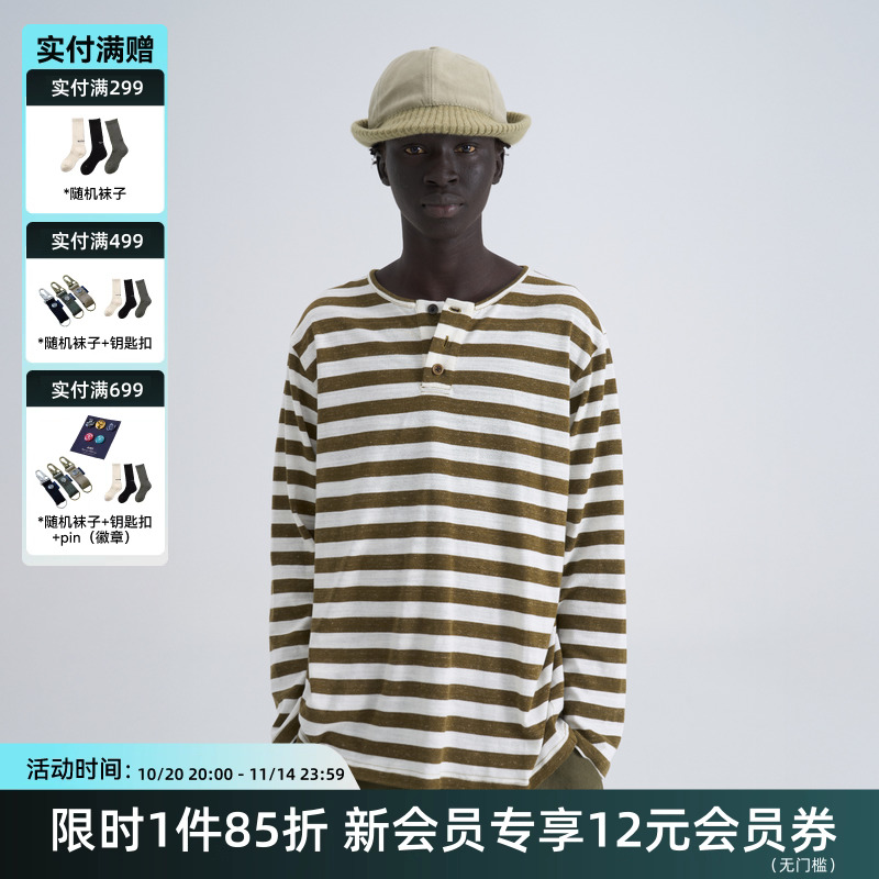 TIRES亚麻复古条纹亨利领长袖