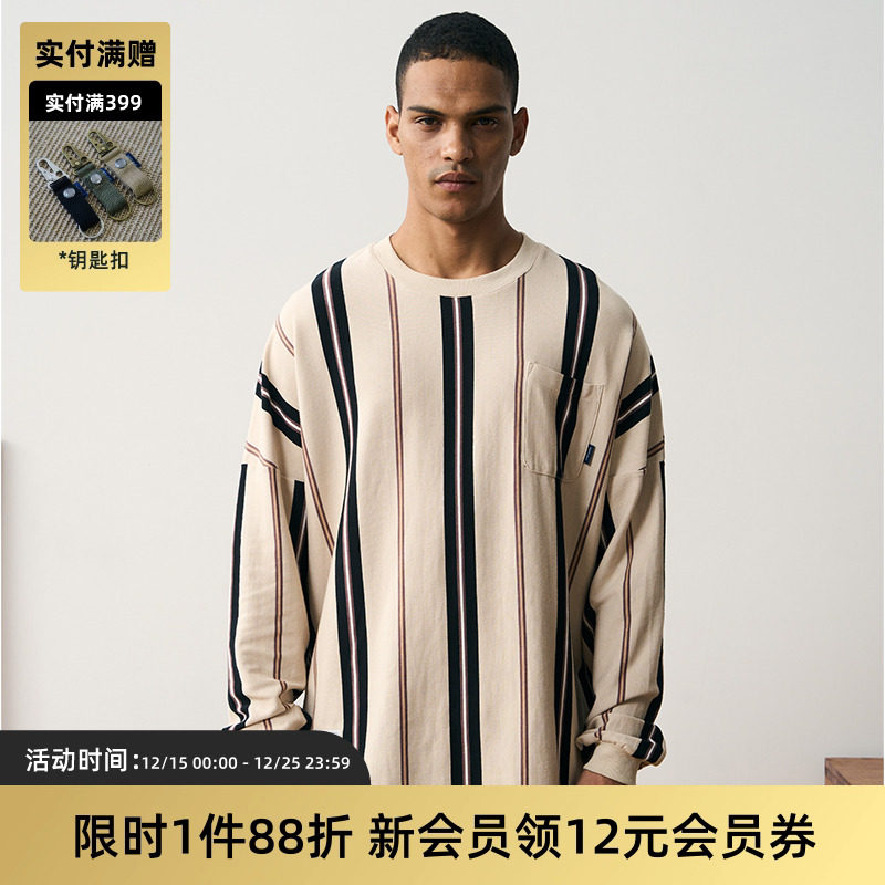 tires长袖日系复古条纹口袋TEE