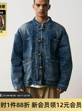 TIRES 23AW 日产唐装牛仔衣夹克外套日系复古重水洗油污破坏赤耳