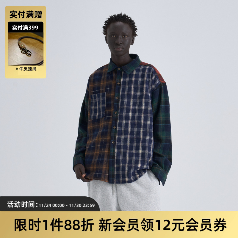 TIRES复古拼接格子衬衫加厚