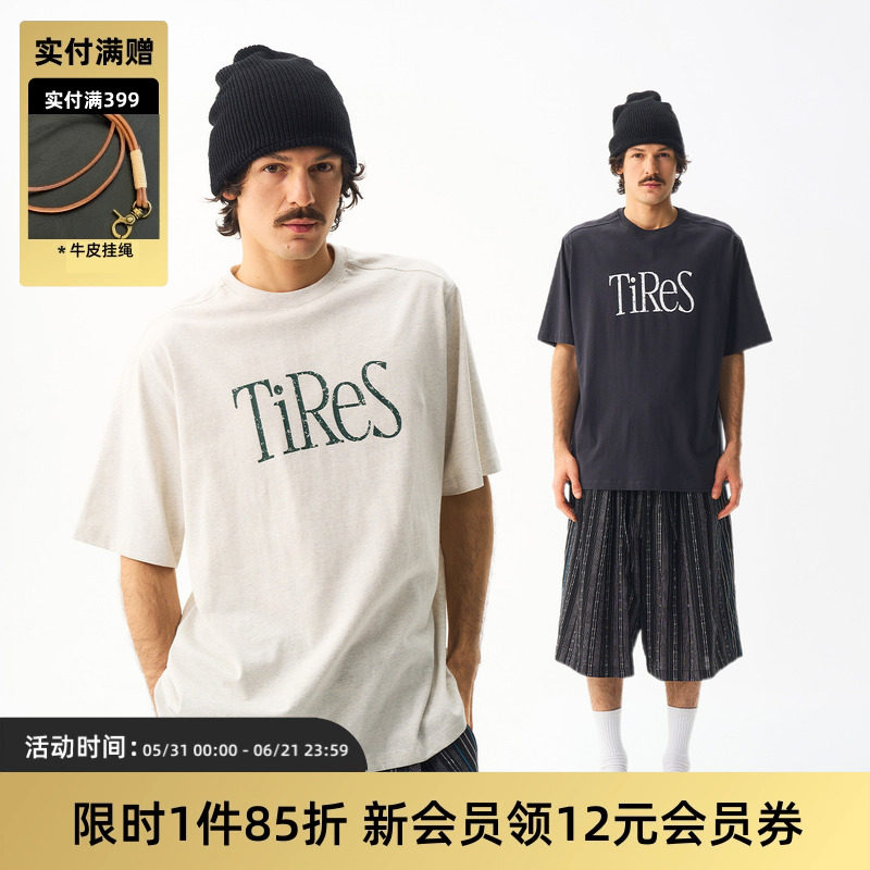 TIRES 26SS 日系复古印花logo短袖 宽松休闲设计圆领纯色标语Tee