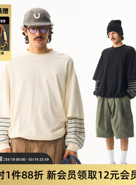 TIRES 26SS 日系拼接条纹气球长袖 宽松复古抽绳假两件设计tee