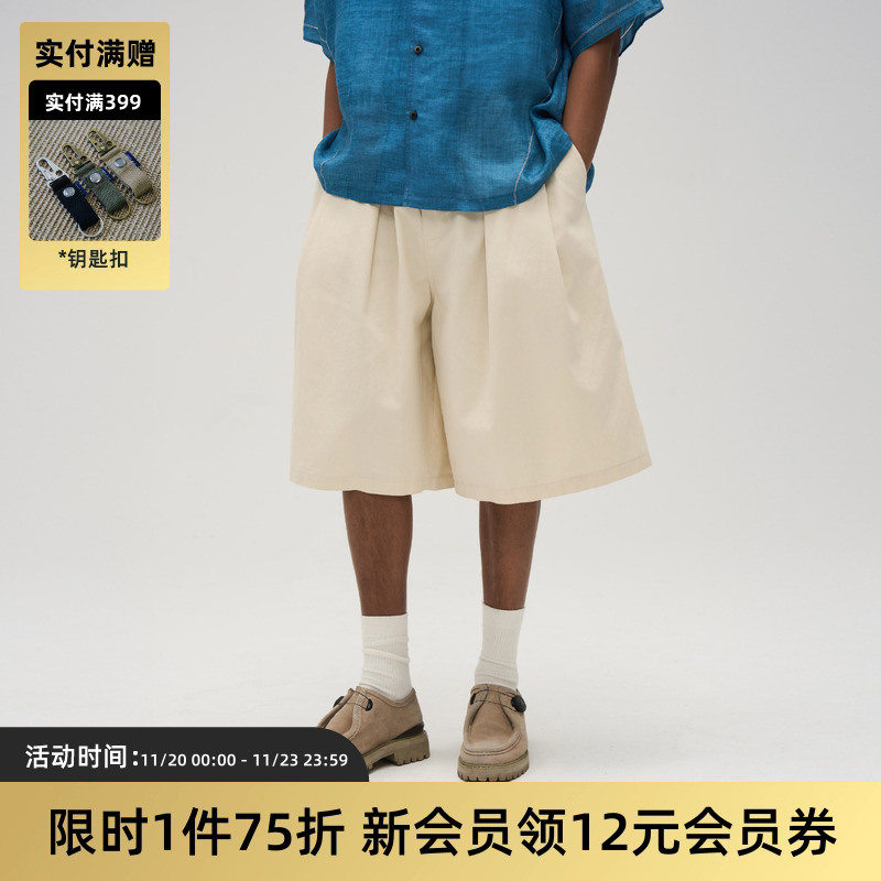 TIRES洗水纯色宽松中裤七分短裤