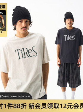 TIRES 26SS 日系复古印花logo短袖 宽松休闲设计圆领纯色标语Tee