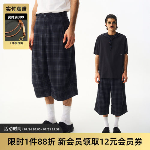 TIRES复古格子宽松休闲七分裤