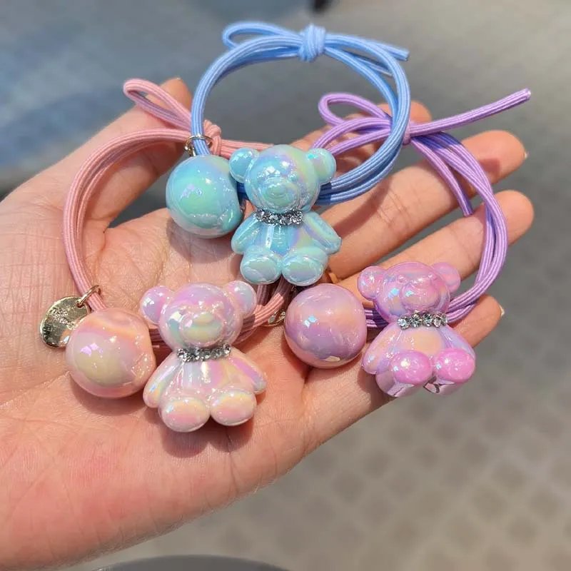 韩版水钻七彩人鱼姬色发圈可爱小熊珍珠发绳女孩扎马尾辫丸子头饰