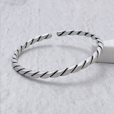 手镯女泰9999四方麻花扭纹开口镯子实心小众新款礼物足银纯银