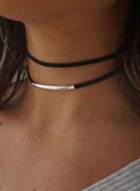 多层韩国绒颈链 弧形choker双层项链项圈 哥特式黑色朋克饰品