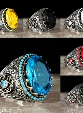 欧美跨境饰品 蛋形海蓝宝石戒指男士嘻哈雕刻复古花纹指环