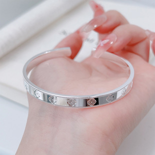 万花筒四叶草999手镯不掉色实心小众高级感足镯子七夕礼物银纯银