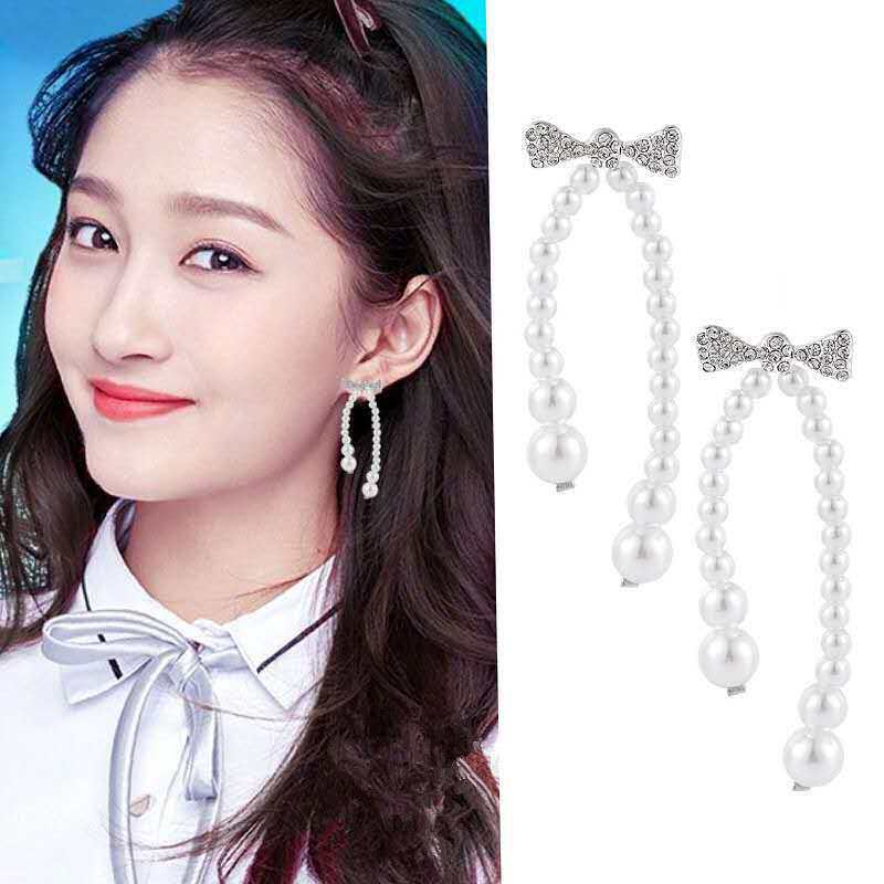S925银针满钻珍珠蝴蝶结耳坠气质长款流苏耳环网红ins冷淡风耳饰