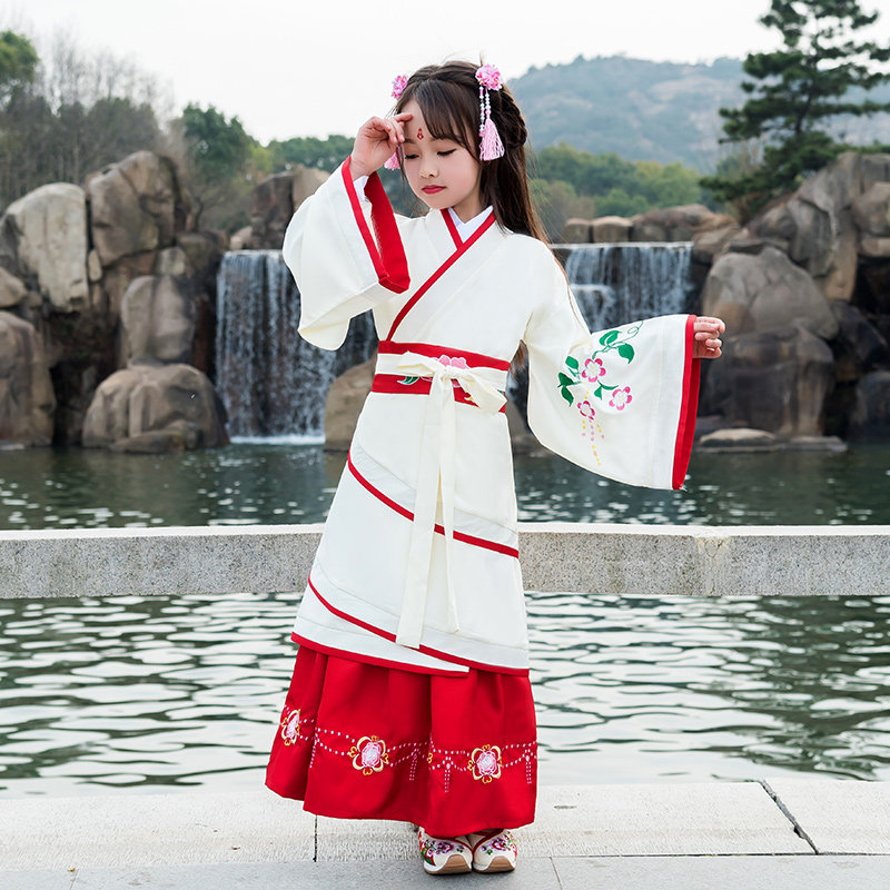 新儿童汉服秦汉两绕曲裾女孩舞蹈演出服绣花国学礼服古装女童春款