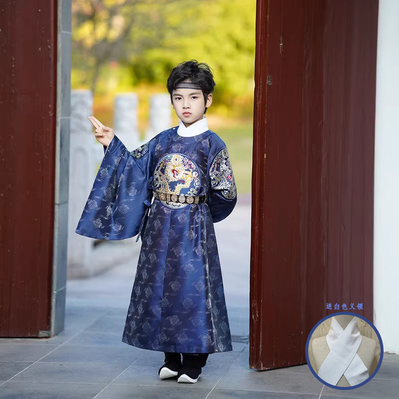 蓝色团龙袍儿童圆领袍正品原创明制汉服男孩女孩新秋亲子装送义领,童装/婴儿装/亲子装,汉服,淘宝优惠券,粉丝福利购,淘宝优惠卷