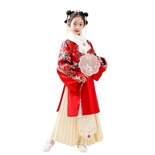 明制汉服女童红拜年服妆花马面裙女孩立领长袄中国风国潮童装冬款
