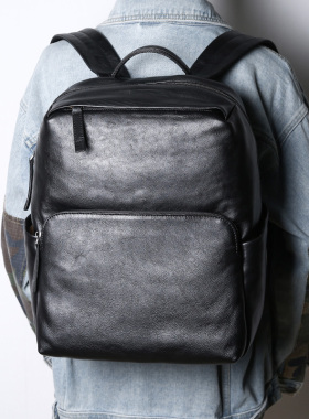 可插拉杆箱简约真皮双肩包男小号背包大容量旅行包商务通勤电脑包