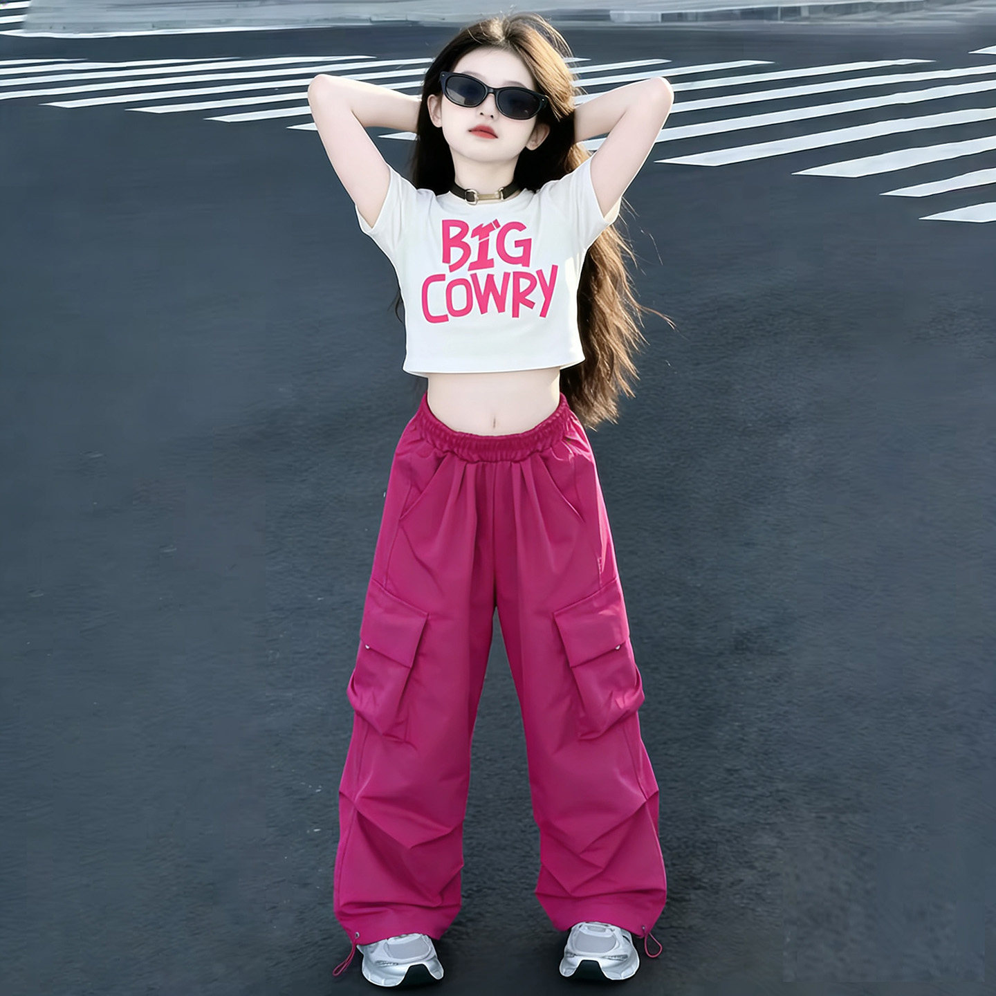 女童爵士服装jazz甜美露脐短袖套装儿童舞蹈时髦洋气走秀演出潮服