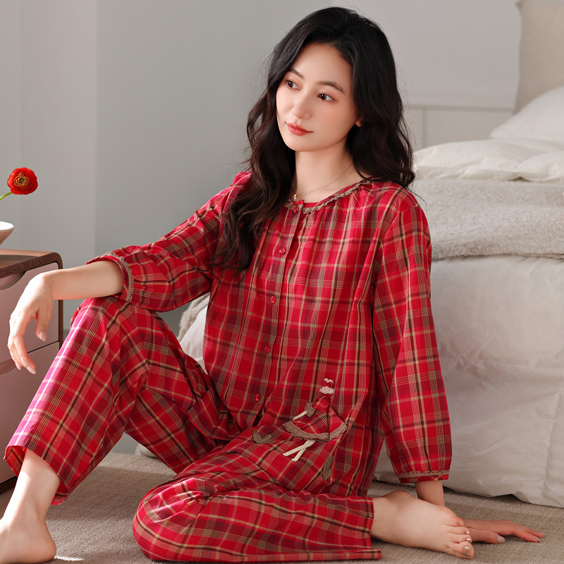 睡衣女款2026新款春秋纯棉女士九分袖长裤套装格子开衫宽松家居服图片