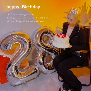 饰装 40寸银色大数字气球成人生日周年庆庆祝派对布置装 扮铝膜飘空